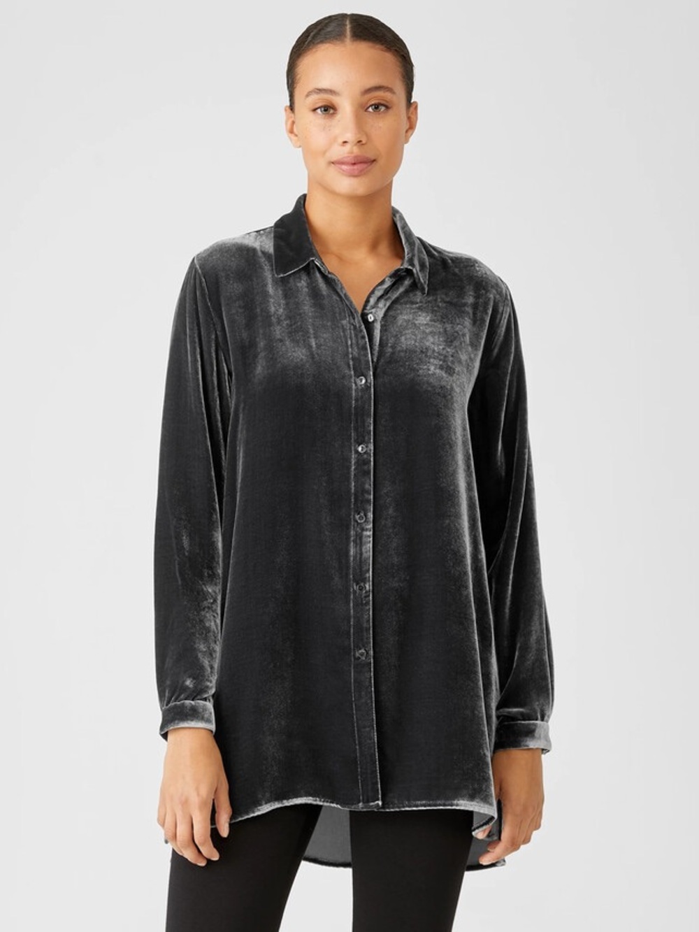 EILEEN FISHER CLASSIC COLLAR LONG VELVET SHIRT WOODLAND BUTTON DOWN SIZE XXS